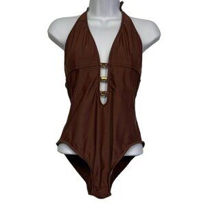 ABS by Allen Schwartz Brown Plunge V-Neck Swimsuit Size 12 EUC #2453